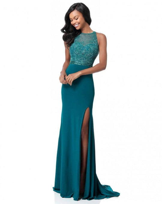 Sherri Hill - 51686 Beaded High Halter Jersey Fitted Dress In Green