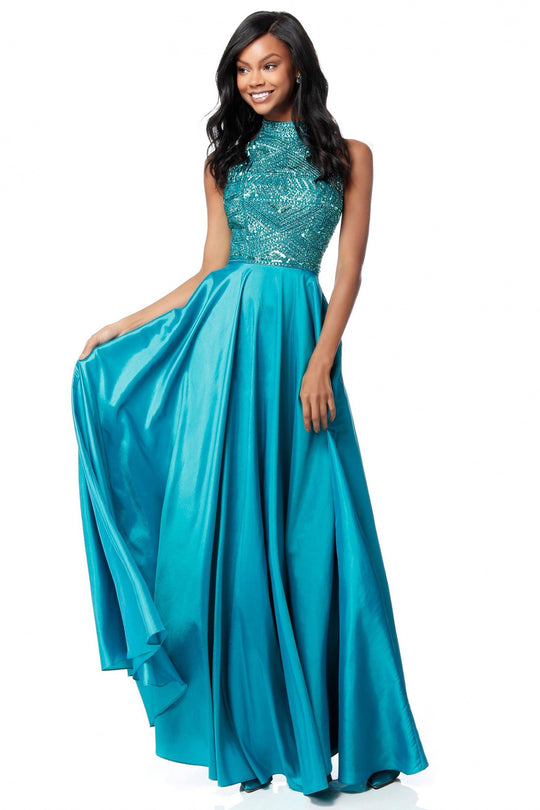 Sherri Hill - 51690 High Halter Beaded Taffeta Dress In Blue