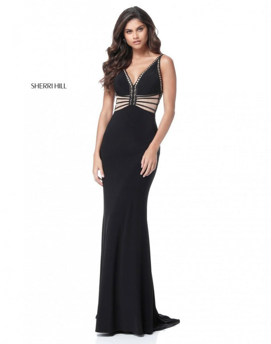 Sherri Hill - 51696 V-neck Jersey Sheath Dress With Cutouts In Black and Gold