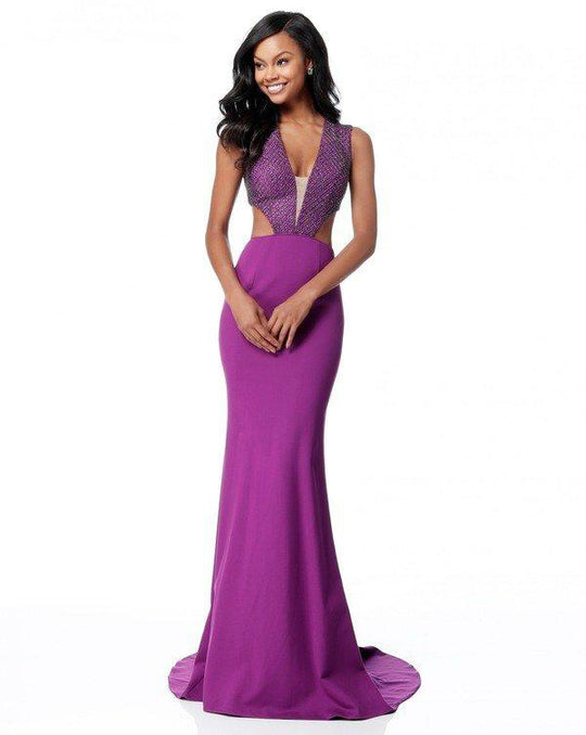 Sherri Hill - 51698 Beaded Deep V-neck Scuba Trumpet Dress In Purple