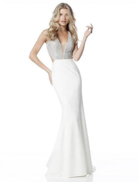 Sherri Hill - 51699 Beaded Plunging V-Neck Sheath Dress In White