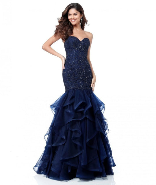 Sherri Hill - 51706 Beaded Sweetheart Long Lace Mermaid Dress In Blue