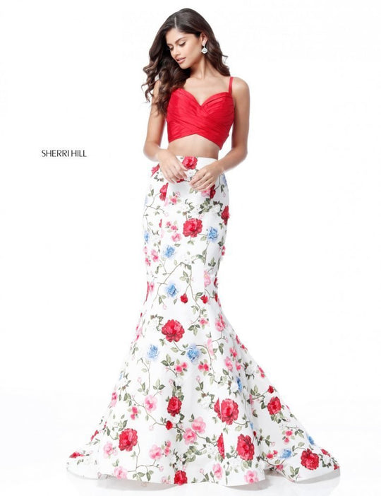Sherri Hill - 51710 Two Piece Ruched Taffeta Floral Print Mermaid Gown In Red and Print