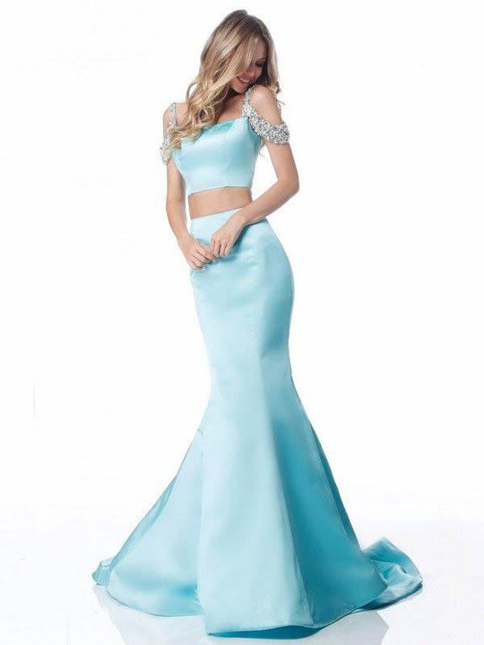 Sherri Hill - 51713 Beaded Off Shoulder Sleeve Two Piece Mermaid Gown In Blue and Green