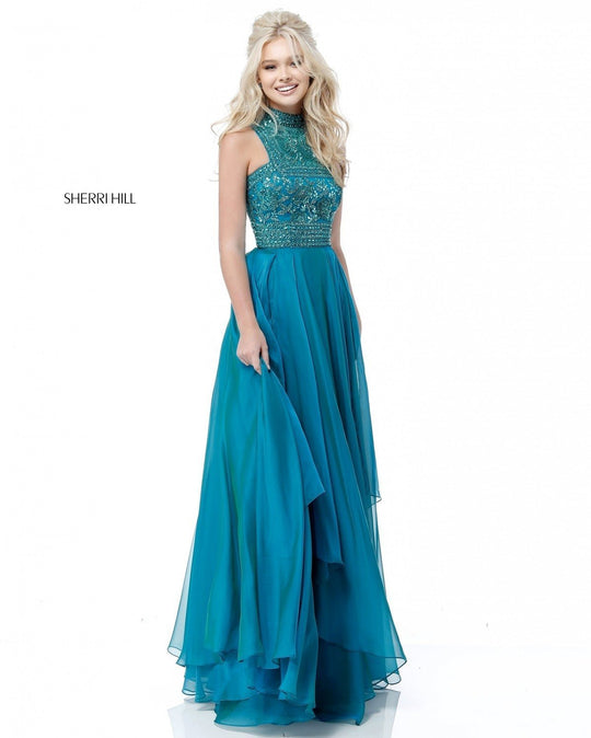 Sherri Hill - 51722 Beaded Cut-In Halter Chiffon Long Dress In Blue and Green