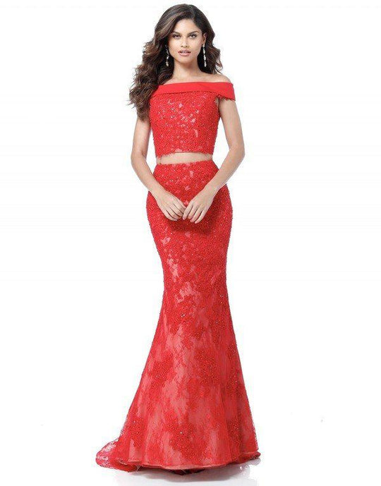 Sherri Hill - 51727 Two Piece Lace Off-Shoulder Mermaid Dress In Red