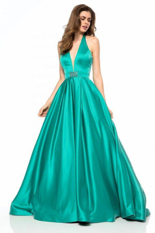 Sherri Hill - 51729 Deep V Neck Halter Bodice Satin Ballgown In Green