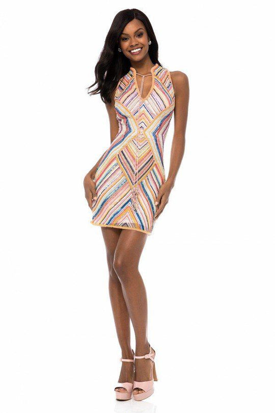 Sherri Hill - 51732 Multicolored Beaded V-neck Sheath Dress In Pink and Multi-Color