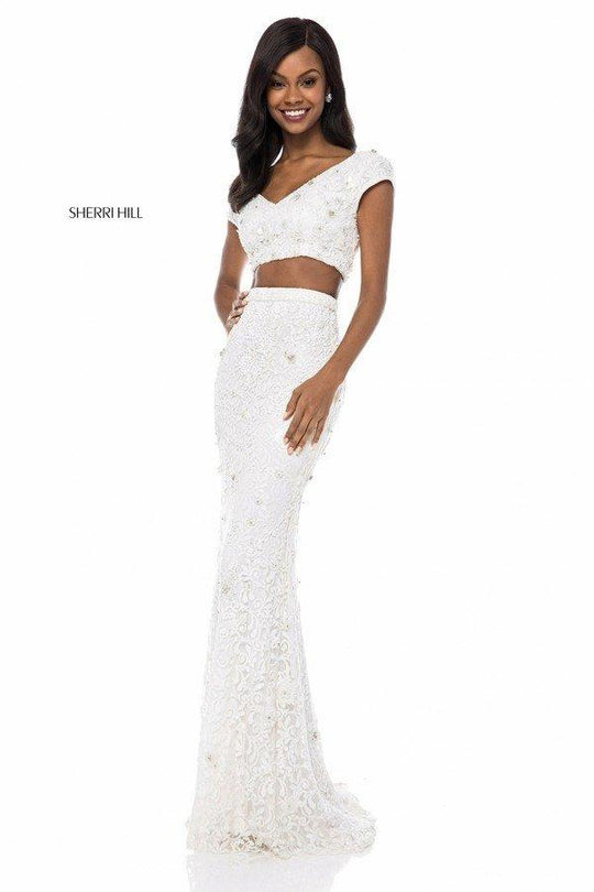 Sherri Hill - 51734 Two Piece Beaded Wide V-neck Fitted Dress In White