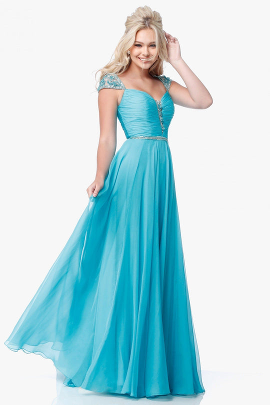 Sherri Hill - 51744 Beaded Cap Sleeve Ruched Bodice Dress In Blue