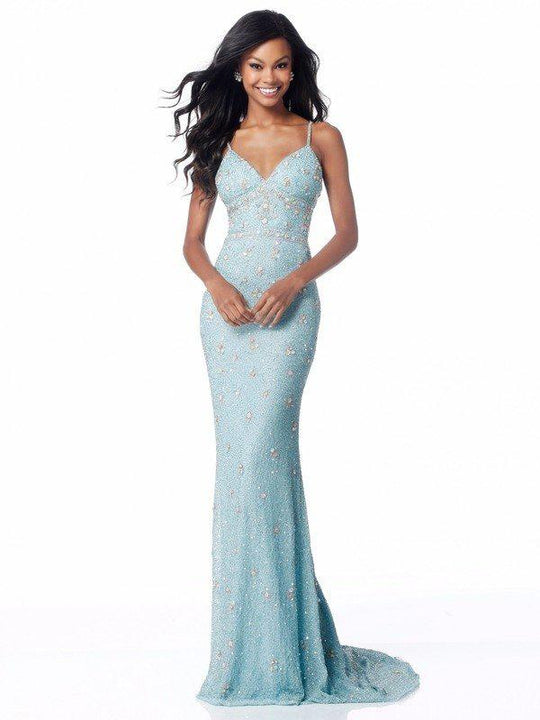 Sherri Hill - 51751 Beaded V-neck Trumpet Dress With Train In Blue and Multi-Color