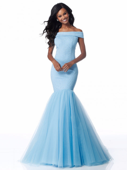 Sherri Hill - 51778 Beaded Jersey Off-Shoulder Tulle Mermaid Dress In Blue