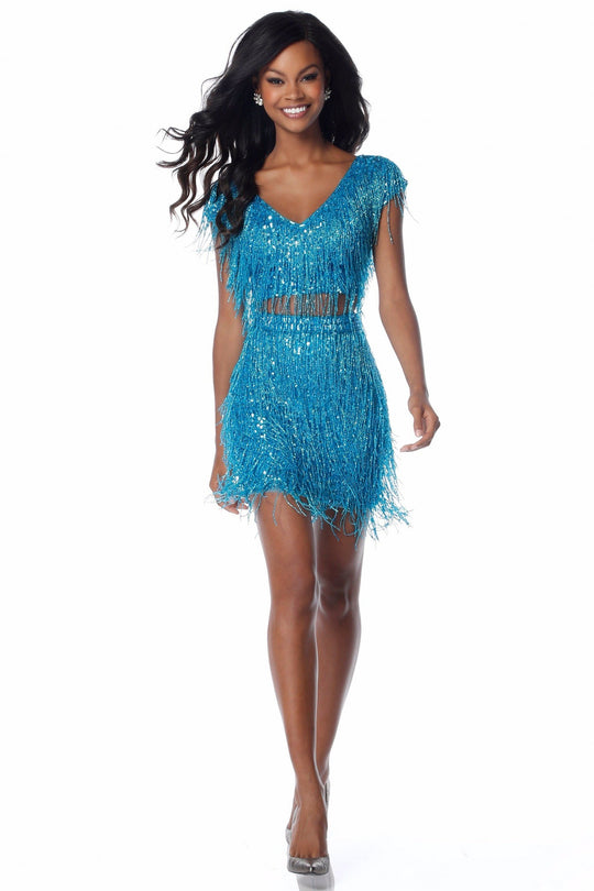 Sherri Hill - 51781 Short Two Piece Bead-Fringe Sheath Dress In Blue