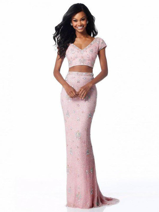 Sherri Hill - 51786 Beaded Two Piece V-Neck Sheath Dress In Pink and Multi-Color