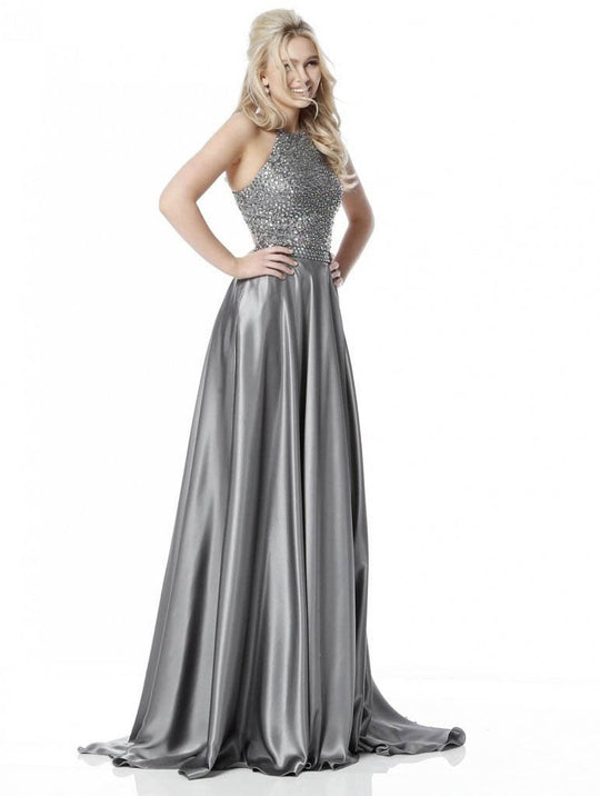 Sherri Hill - 51799 Halter Neck Gemstone Beaded Long Dress In Gray