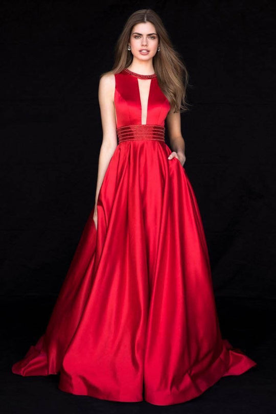 Sherri Hill - 51802 Beaded Halter Neck Satin Ballgown With Open Back In Red