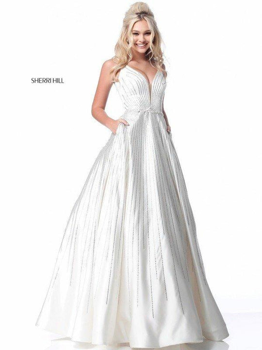 Sherri Hill - 51818 Sleeveless Sheer Plunging Neck Sparkly Satin Gown In White