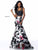 Sherri Hill - 51824 Two Piece Taffeta Floral Print Mermaid Dress In Black and Pink