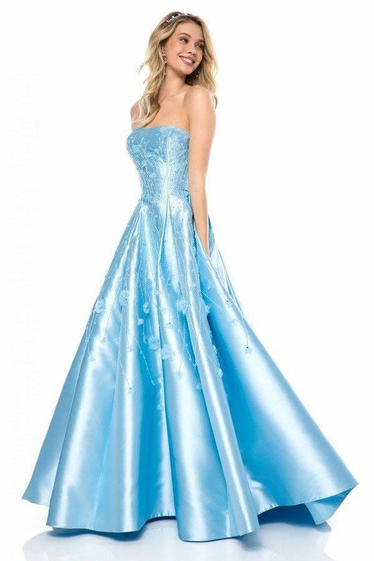 Sherri Hill - 51830 Floral Appliqued Strapless A-Line Dress In Blue