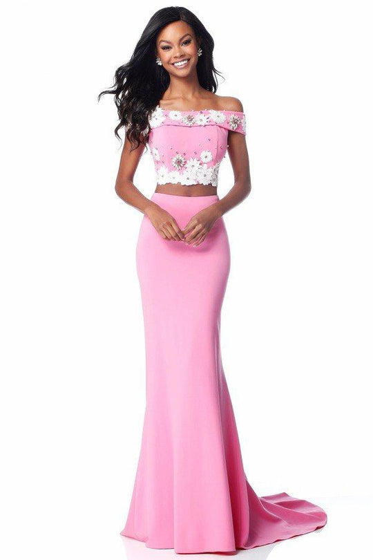 Sherri Hill - 51833 Two Piece Floral Applique Trumpet Dress In Pink and White