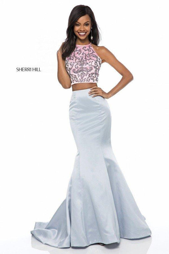 Sherri Hill - 51837 Two Piece Beaded Halter Mermaid Dress In Pink and Silver