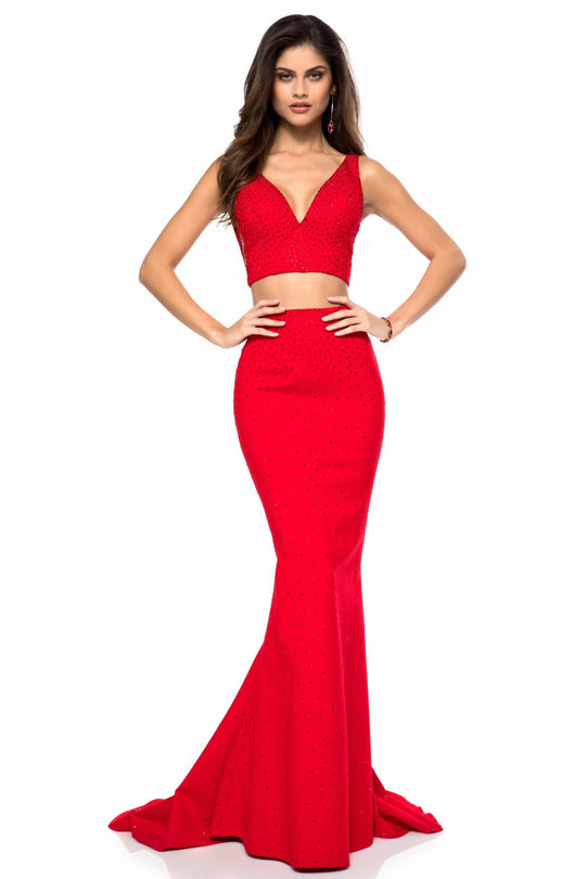Sherri Hill - 51840 Two-Piece Jewel Dotted Lace-Up Long Dress In Red