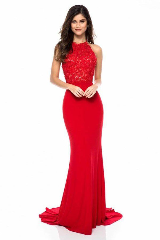 Sherri Hill - 51844 Lace Appliqued Halter Sheath Dress In Red