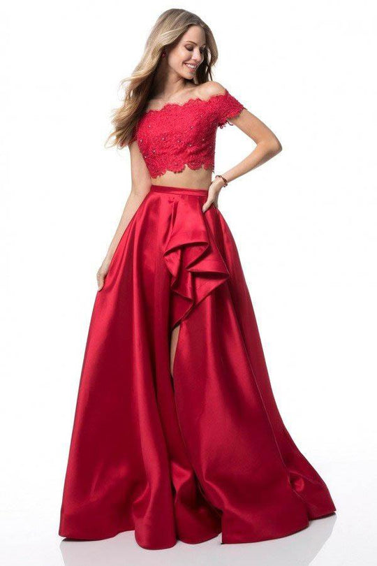 Sherri Hill - 51857 Two Piece Lace Off-Shoulder Mikado A-Line Dress In Red