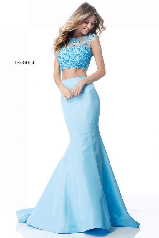 Sherri Hill - 51861 Blossom Appliqued Cap Sleeve Illusion Dress In Blue