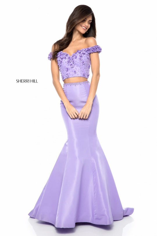 Sherri Hill - 51862 Two-Piece Floral Applique Off The Shoulder Dress In Purple