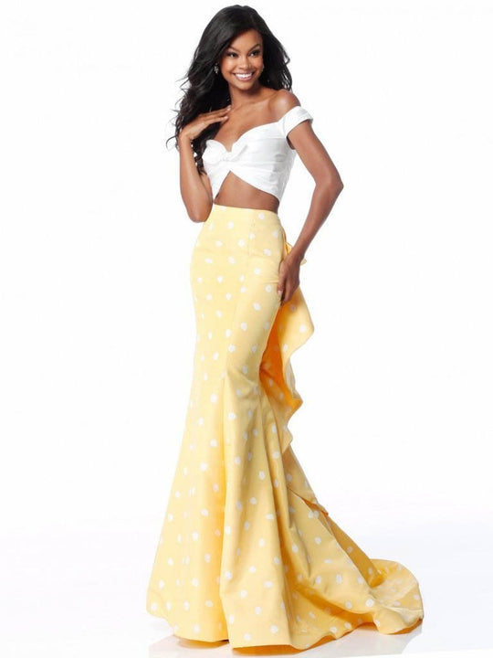 Sherri Hill - 51865 Two-Piece Ruffle Paneled Polkadot Dress In White and Yellow