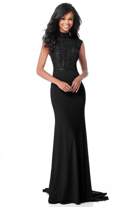 Sherri Hill - 51876 Beaded High Neck Sheath Dress In Black