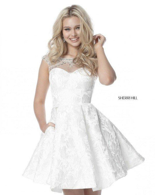 Sherri Hill - 51878 Embellished Illusion Bateau Brocade A-line Dress In White