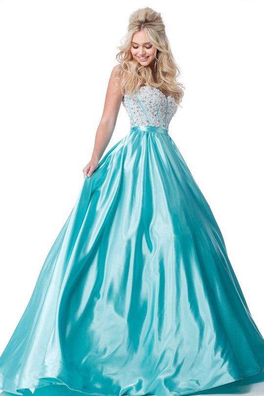 Sherri Hill - 51884 Strapless Beaded Satin Ballgown In Blue and Green