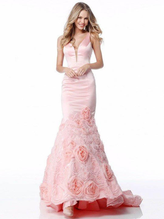 Sherri Hill - 51886 Floral Appliqued Plunging V Neck Mermaid Dress In Pink