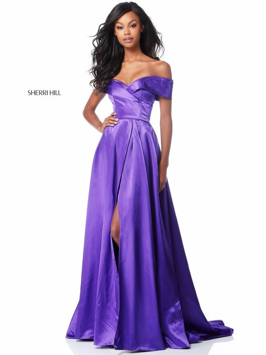 Sherri Hill - 51892 Off Shoulder High Slit Satin A-Line Dress In Purple