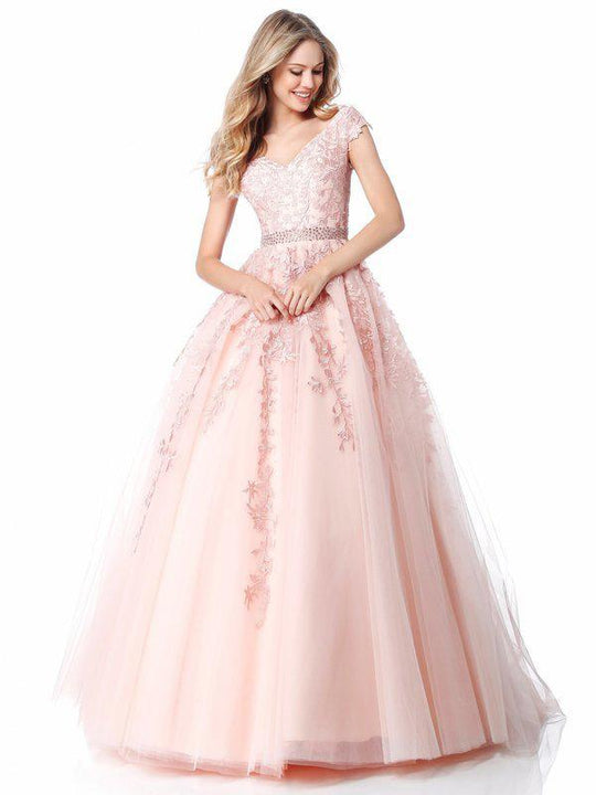 Sherri Hill - 51905 Flower Appliques Cap Sleeved A Line Dress In Pink
