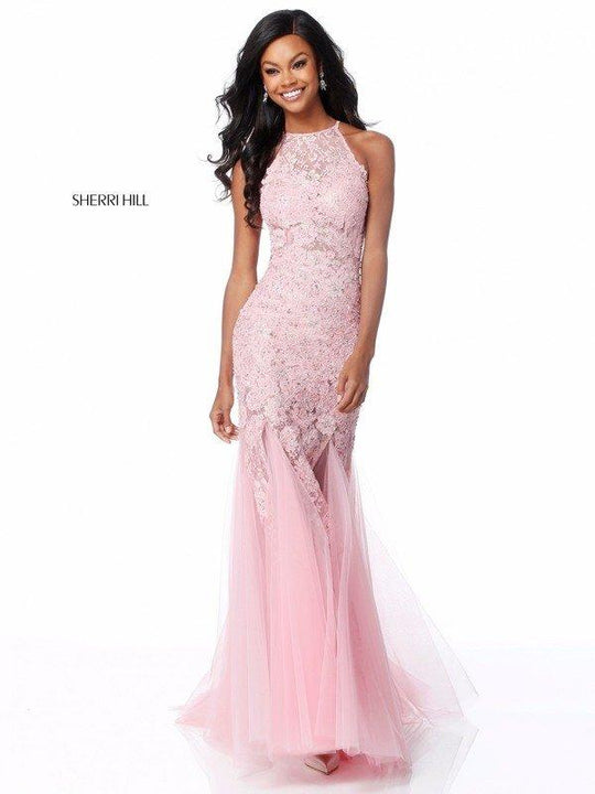 Sherri Hill - 51913 Lace Applique Halter Tulle Trumpet Dress In Pink and Gold