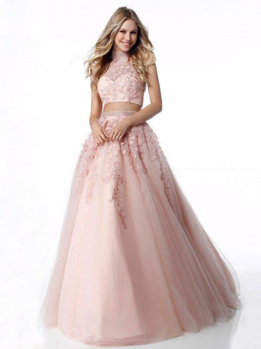Sherri Hill - 51925 Two Piece Appliqued High Halter A Line Dress In Pink