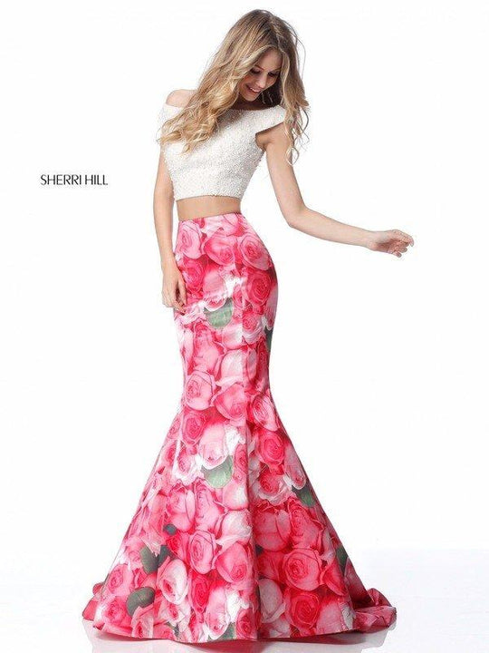 Sherri Hill - 51927 Two Piece Off-Shoulder Floral Print Mermaid Dress In Pink and Print