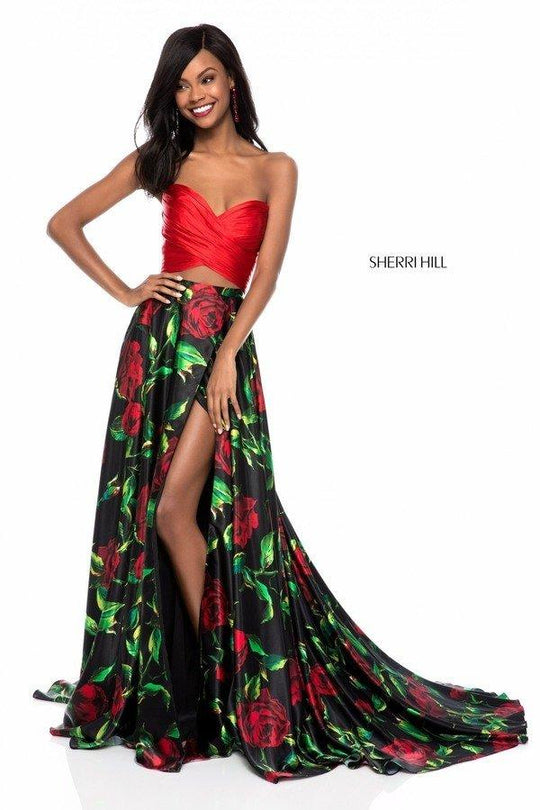 Sherri Hill - 51937 Two Piece Sweetheart Floral Print A-line Dress In Red and Print