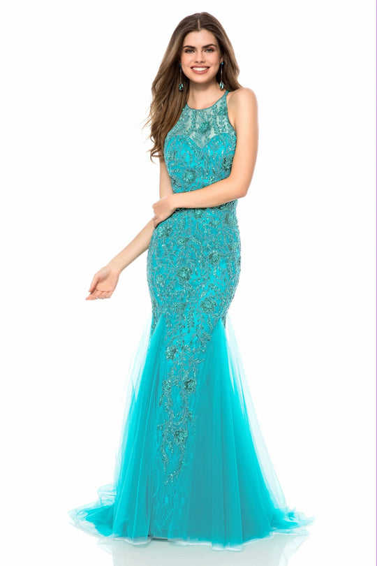 Sherri Hill - 51939 Beaded Lace Halter Tulle Mermaid Dress In Blue and Green