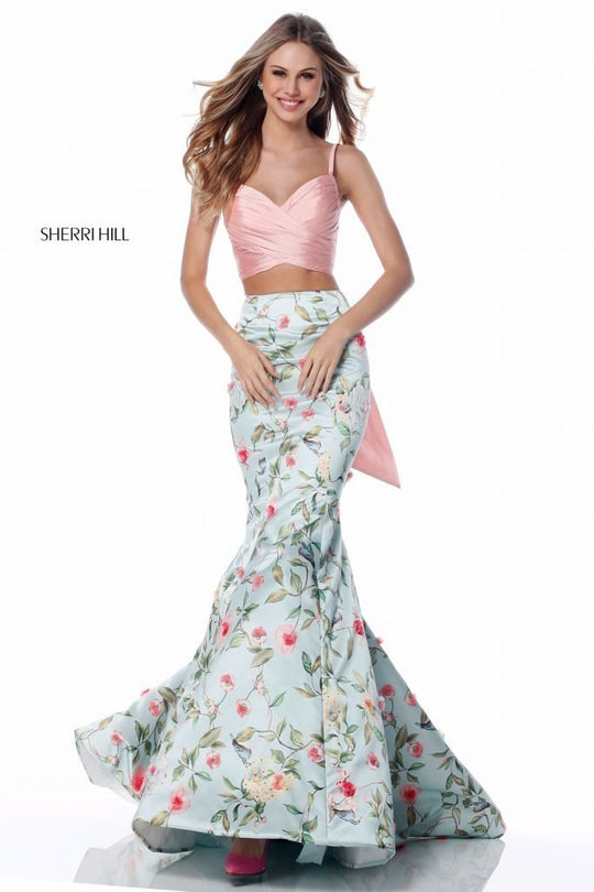 Sherri Hill - 51943 Two Piece Floral Print Mermaid Dress In Pink and Print