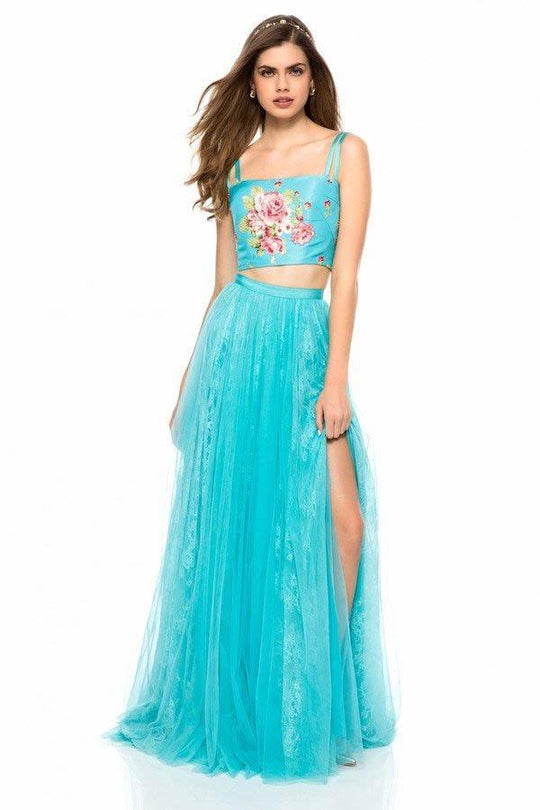Sherri Hill - 51945 Floral Two Piece Lace A-Line Dress In Blue and Print