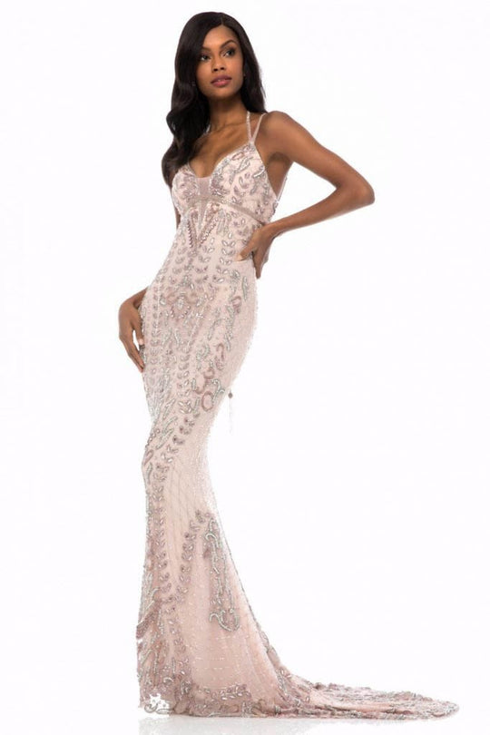 Sherri Hill - 51946 Tasseled Tie Back Beaded Sheath Dress In Pink