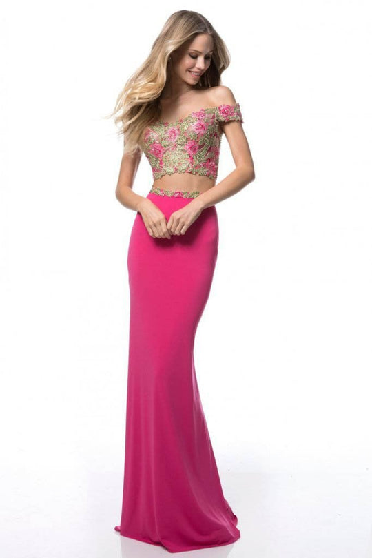 Sherri Hill - 51951 Beaded Lace Off-Shoulder Jersey Fitted Dress In Pink