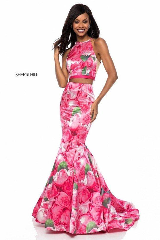 Sherri Hill - 52000 Two Piece Halter Floral Print Mermaid Dress In Pink and Print