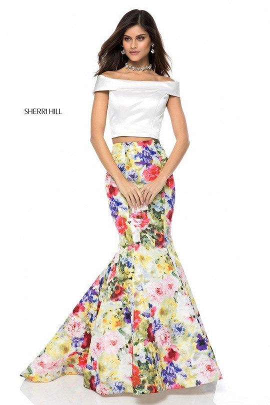 Sherri Hill - 52005 Two Piece Satin Floral Print Mermaid Dress In White and Print