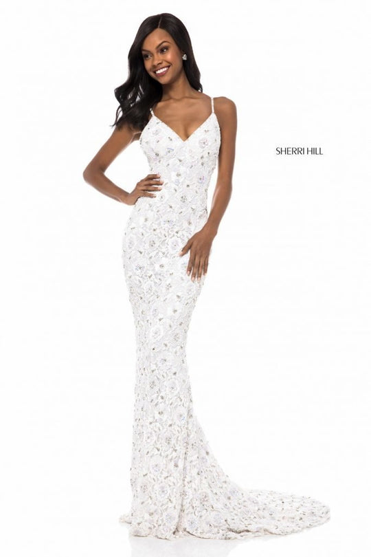Sherri Hill - 52008 Beaded Plunging V-neck Sheath Dress In White