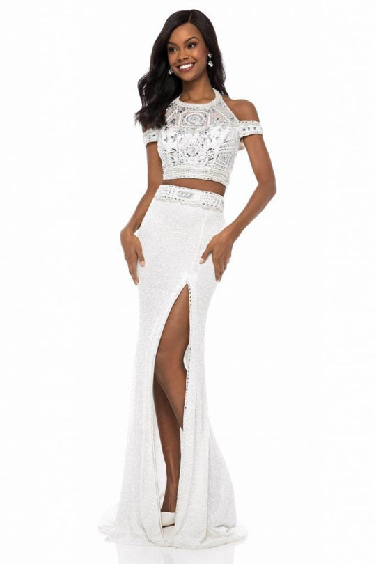 Sherri Hill - 52009 Bedazzled Halter Neck Sheath Dress In White and Silver